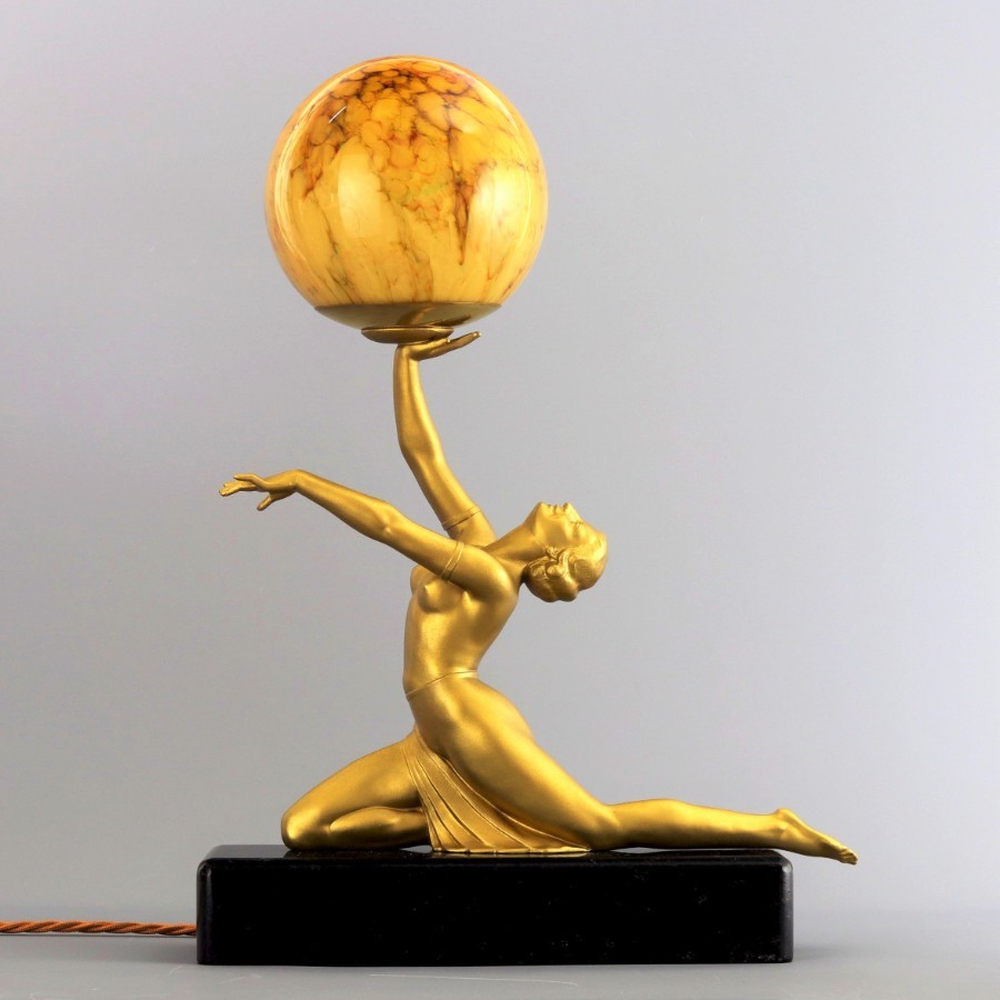 Art Deco Gilded Figural Table Lamp With Marbled Glass Globe c1930