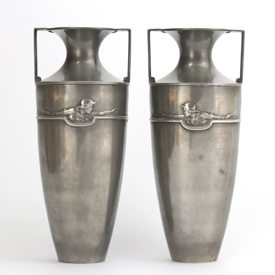 Pair of Art Nouveau Pewter Twin-Handled Vases by William Hutton c1910