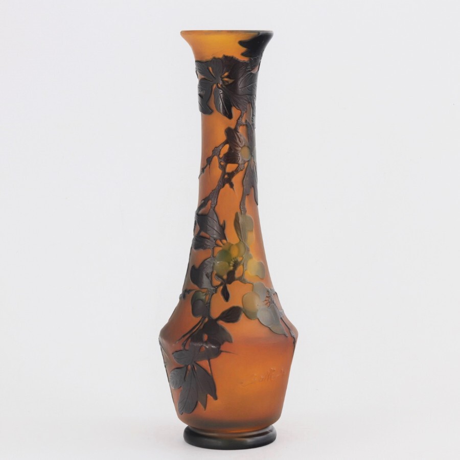 Tall Galle Three-Coloured Cameo Glass Vase with Fruiting Blackthorn c1905