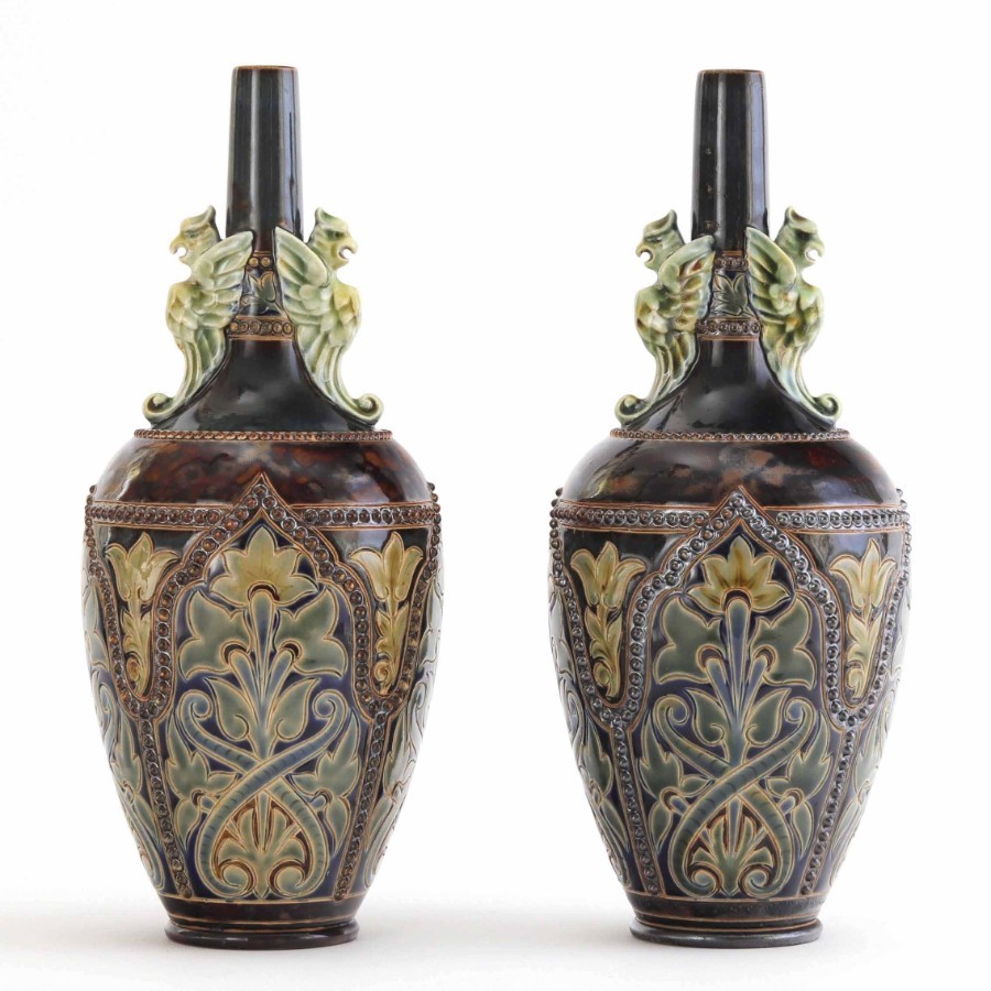 Pair of Doulton Lambeth Bottle Vases With Applied Griffins by Frank Butler c1885