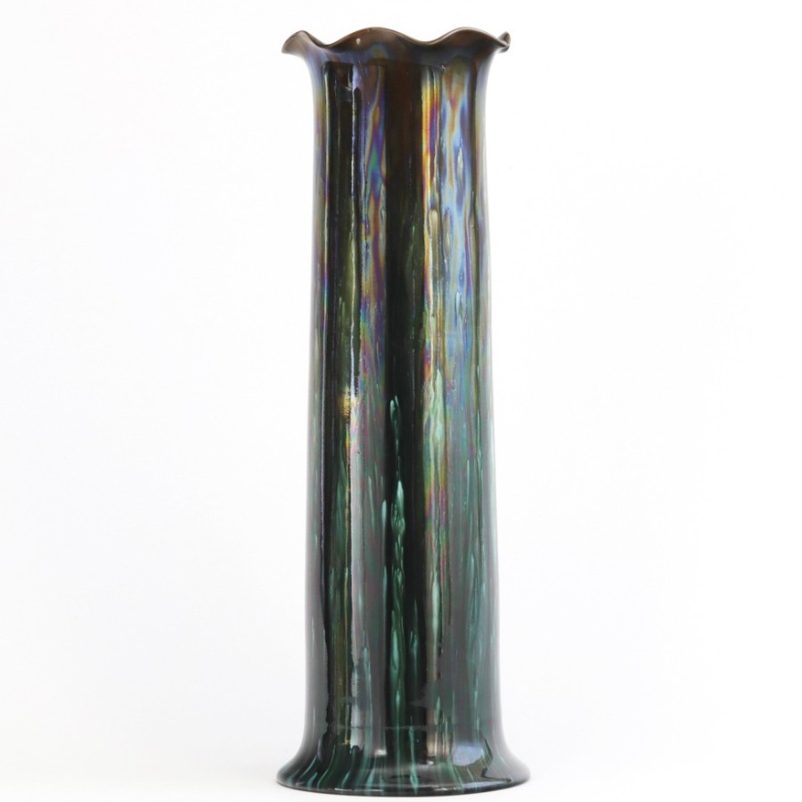 Antique Very Tall Linthorpe Pottery Iridescent Drip-Glaze Cylindrical Vase c1885