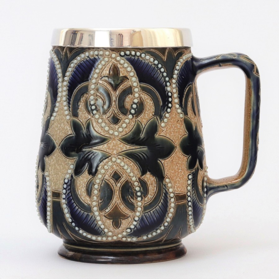 Doulton Lambeth 1880 Decorated Mug with (Mappin & Webb) Silver Mount 1881