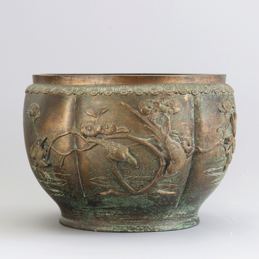 Large Japanese Bronze Jardiniere Decorated with Birds in Cherry Blossom c1915