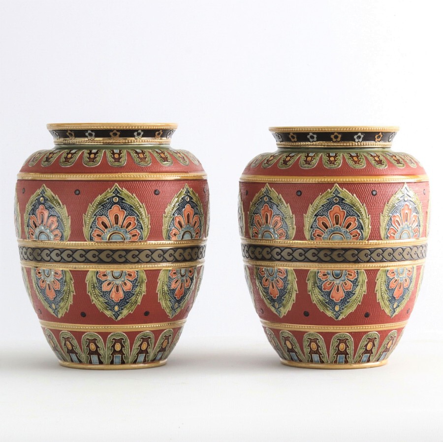 Pair of Mettlach (Villeroy & Boch) Stoneware Relief Decorated Vases 1916