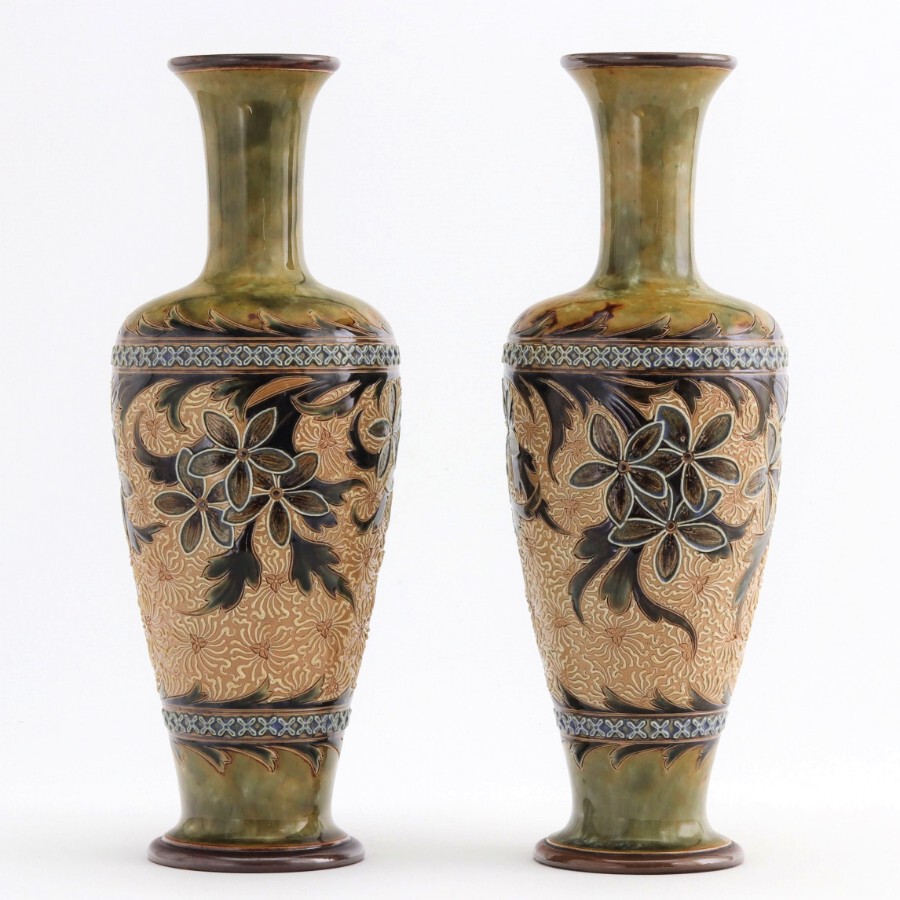 Pair of Doulton Lambeth Stoneware Art Nouveau Vases by Eliza Simmance c1895