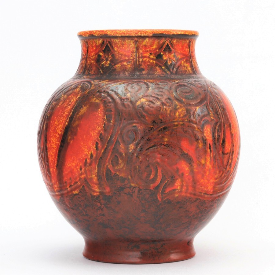 Pilkington’s Royal Lancastrian Orange-Vermilion Decorated Vase by WS Mycock 1931