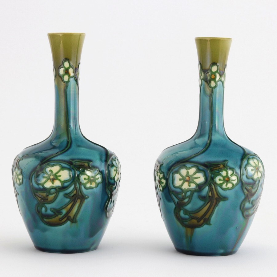 Pair of Minton Secessionist Tubeline Decorated Turquoise Vases c1900