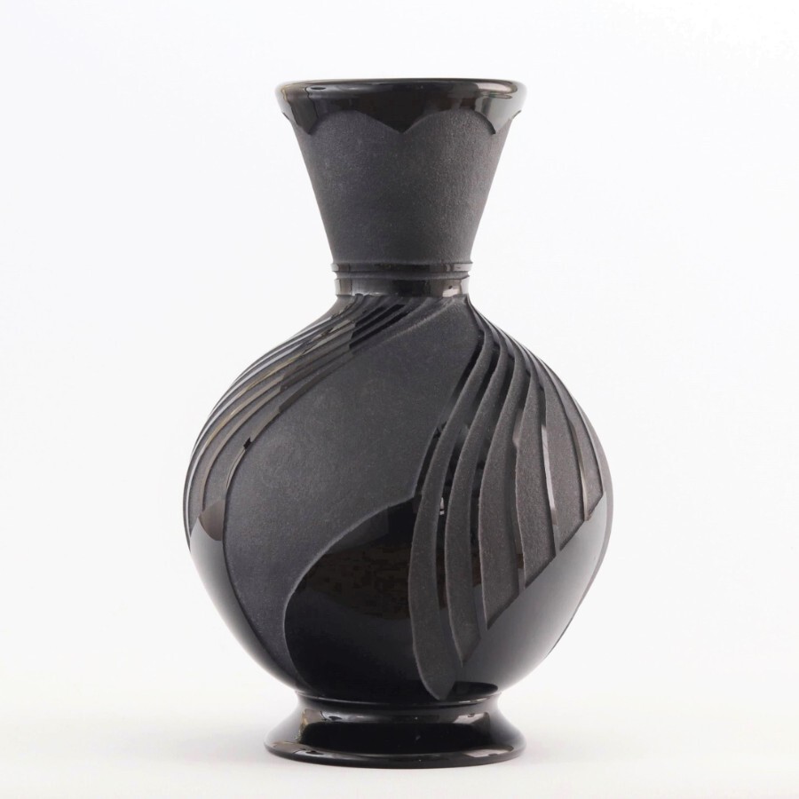 Etling Art Deco Large Obsidian Black Glass Vase with Etched Design c1930