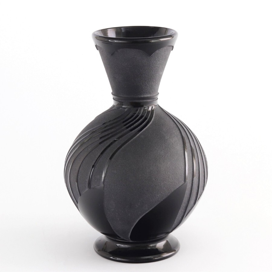 Antique Etling Art Deco Large Obsidian Black Glass Vase With Etched