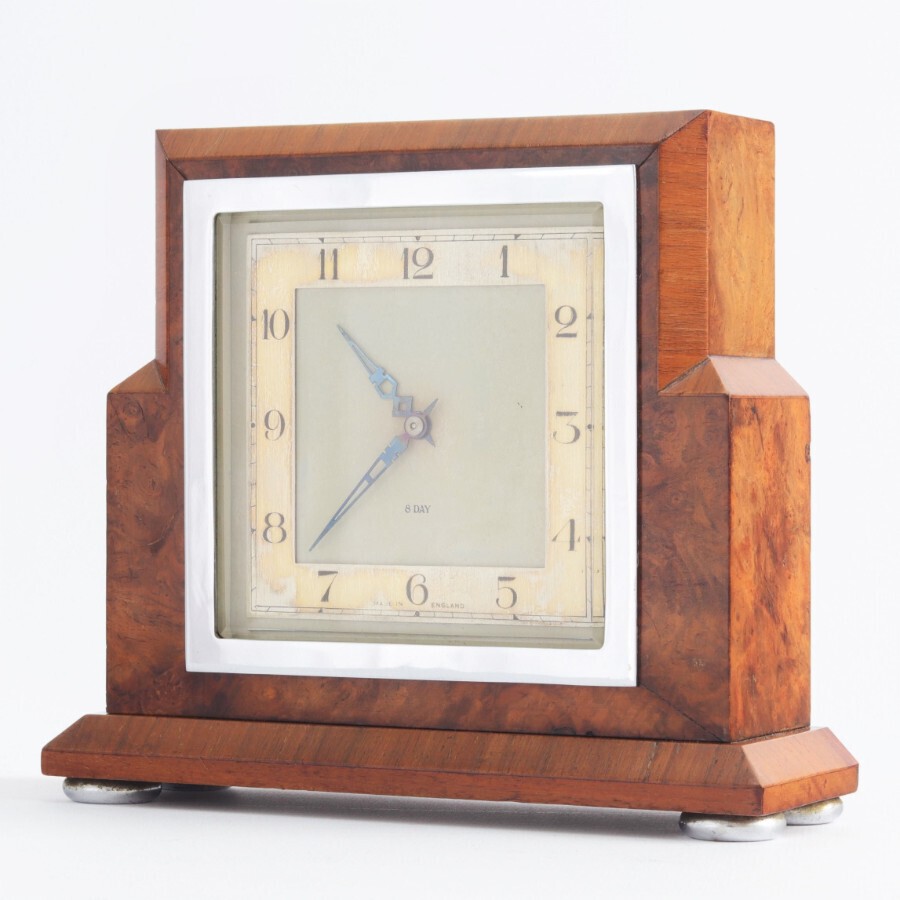 Smiths Art Deco Burr Walnut Cased 8-Day Mantle Clock c1935