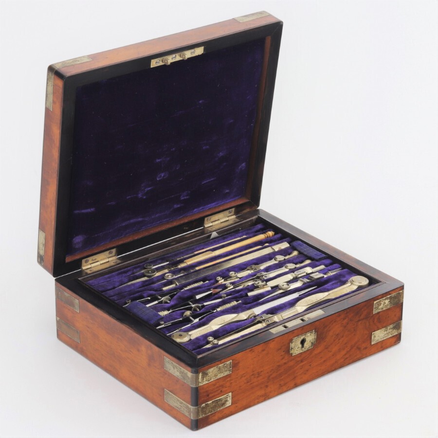 Draftsman's Instrument Set + Contents in 3-Tier Brass Bound Walnut Case 1875
