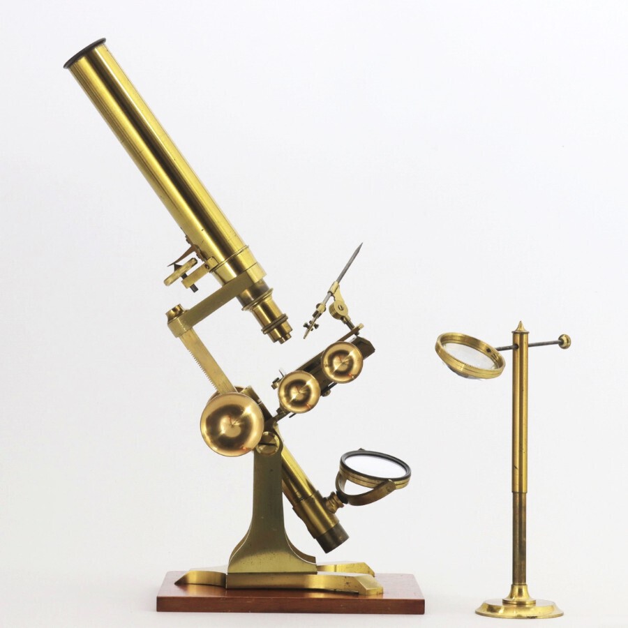 Mid 19th Century Cased Brass Bar-Limb Microscope with Magnifier c1850