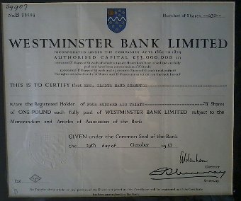 Westminster Bank Stock Certificate.