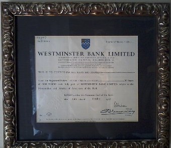 Antique Westminster Bank Stock Certificate.