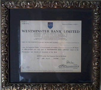Antique Westminster Bank Stock Certificate.