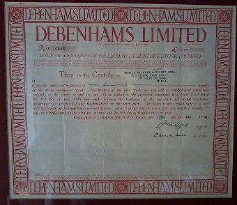Debenhams Old Stock Certiticate