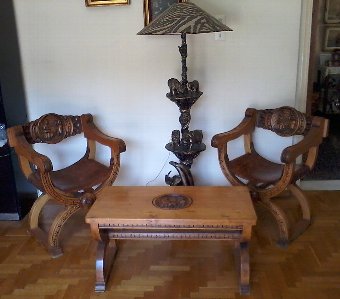 Set of 2 Renaissance Revival Armchairs, Coffee table and Floor Lamp.