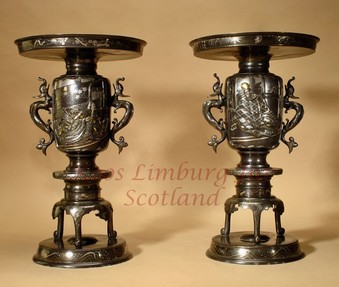 A Very Decorative Pair of Impressive Oriental Bronze Inlaid Vases, Japan Meiji period,  ( 1868-19...
