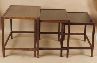 Antique Attributed to Kurt Ostervig (Danish) manufactured by: Jason Mobler A stylish nest of 3 Scandinavian Hardwood Tables.