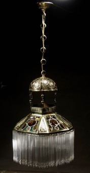 Antique A very decorative and stylish leaded glass and brass hanging light. Arts Craft, continental 1900