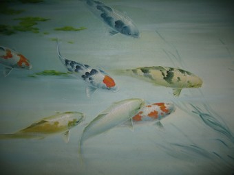 Antique An unusual very decorative oil painting of koi carp, very detailed painted.