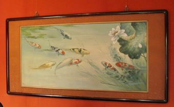 Antique An unusual very decorative oil painting of koi carp, very detailed painted.