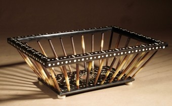 Antique Anglo Indian Porcupine Quill Work/Knitting Ebony Inlaid Basket