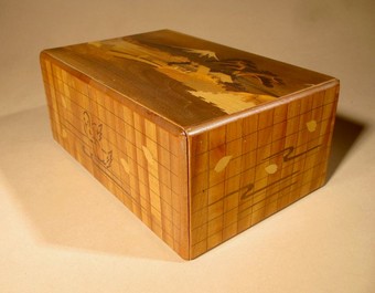 Antique Antique Japanese Finally Inlaid Marquetry Box With Mount Fuji and Secret Compartment Drawer and Lock System circa: 1920