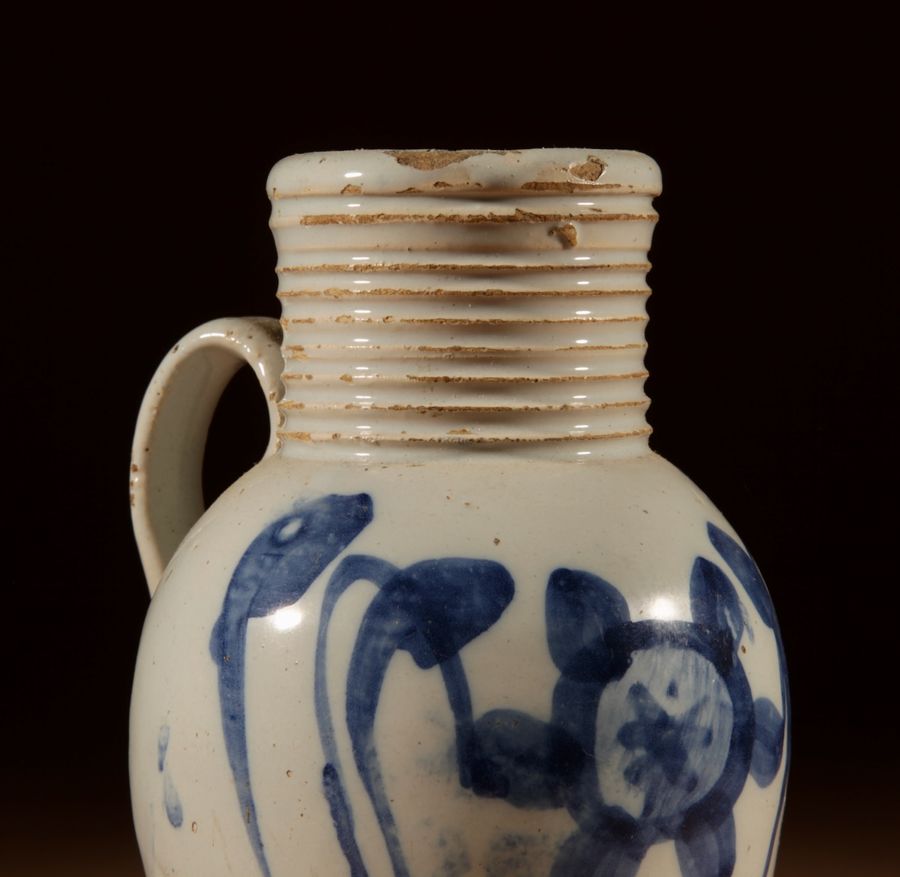 Antique 18th century English Delftware jug with beautiful glaze and fresh colours