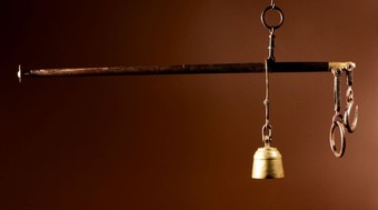 A Very Decorative Hardwood, Wrought Iron and Brass Stick Balance.