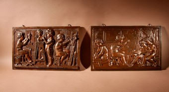 An Original Pair Of Pewter Reliefs Sculpture With The Subject Of A Painters and Sculptor Studio.