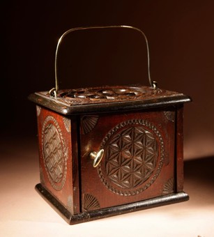 Antique A Dated Dutch Frisian Fine Chip carved Hardwood and Ebonised Foot Stove. Dated: 1902