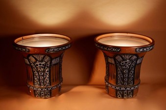 Antique A Pair Of Very Rare And Impressive Decorative Art Deco Large Pottery “gres” Jardinières, Eliminated Side Tables.