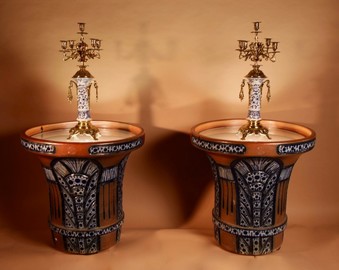 Antique A Pair Of Very Rare And Impressive Decorative Art Deco Large Pottery “gres” Jardinières, Eliminated Side Tables.