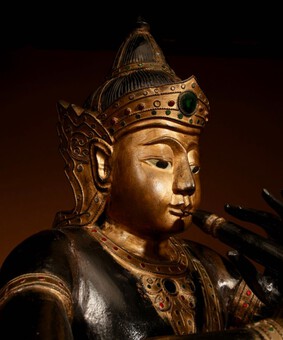 Antique A Large Wooden Sculpture Of The Famous Prince Phra Aphai Mani Playing His Magic Flute, Thailand.