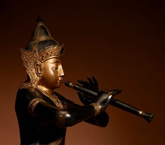 Antique A Large Wooden Sculpture Of The Famous Prince Phra Aphai Mani Playing His Magic Flute, Thailand.