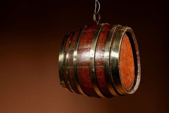 Antique   A Very Rare And Beautiful Coopered Oak And Brass Small Hanging Barrel.