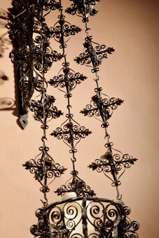 Antique A Tyrolean Wrought Iron Very Decorative Gods lamp / Candle Holder/ Hanging Flower Basket.
