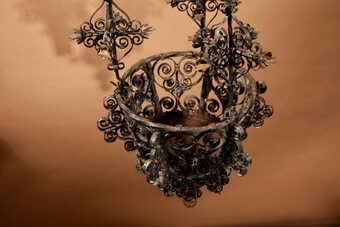 Antique A Tyrolean Wrought Iron Very Decorative Gods lamp / Candle Holder/ Hanging Flower Basket.