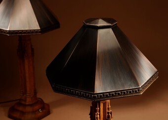 Antique An Exceptional Pair of Arts & Craft Oak and Copper Table Lamps.