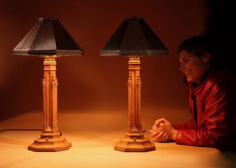 Antique An Exceptional Pair of Arts & Craft Oak and Copper Table Lamps.