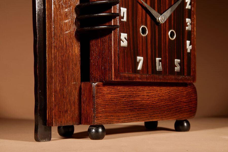 Antique A Very Rare Architectural Dutch Art deco Oak And Coromandel Mantel Clock.