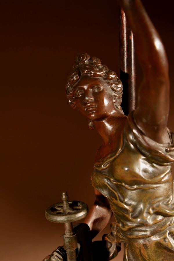 Antique Symbolic Industrial Revolution Sculpture Of A Lady Table Lamp.