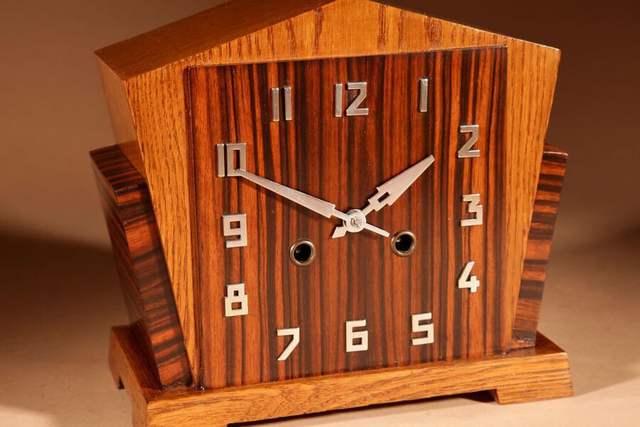 Antique A Very Stylish Typical Art Deco Amsterdam School Oak and Macassar Ebony/Coromandel Mantel Clock.