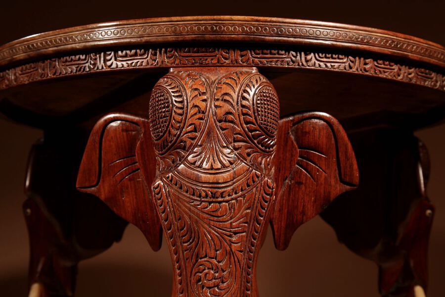 Antique Anglo Indian Fine Carved Hardwood Round Side Elephant Table. 19th Century