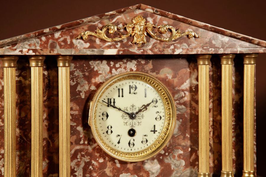 Antique Grand Tour Style Very Decorative French Gilded Brass And Marble Clock Garniture.
