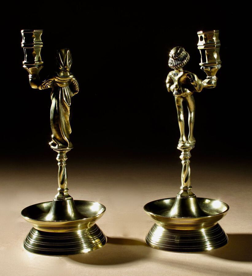 Antique A Rare Pair And Very Decorative Brass Neo-Gothic Candlesticks.