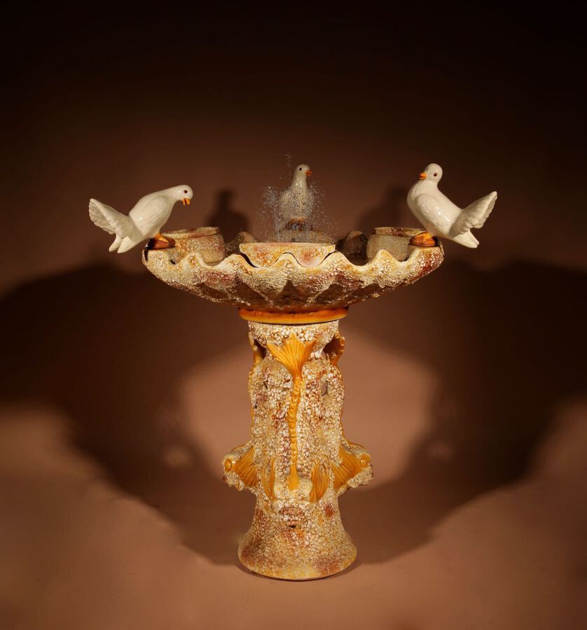 A Unusual Vallauris Ceramic Love Birds Pigeons And Dolphins Free Standing Centre Fountain.