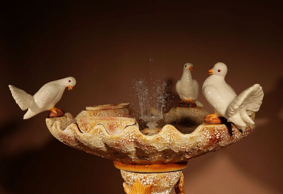 Antique A Unusual Vallauris Ceramic Love Birds Pigeons And Dolphins Free Standing Centre Fountain.