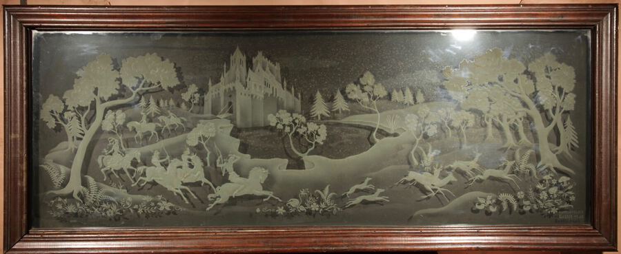 Antique  Falconry And Hunting Interest Magnificent Art Deco Illuminated Etched and Engraved Very large Glass Wall Decoration.